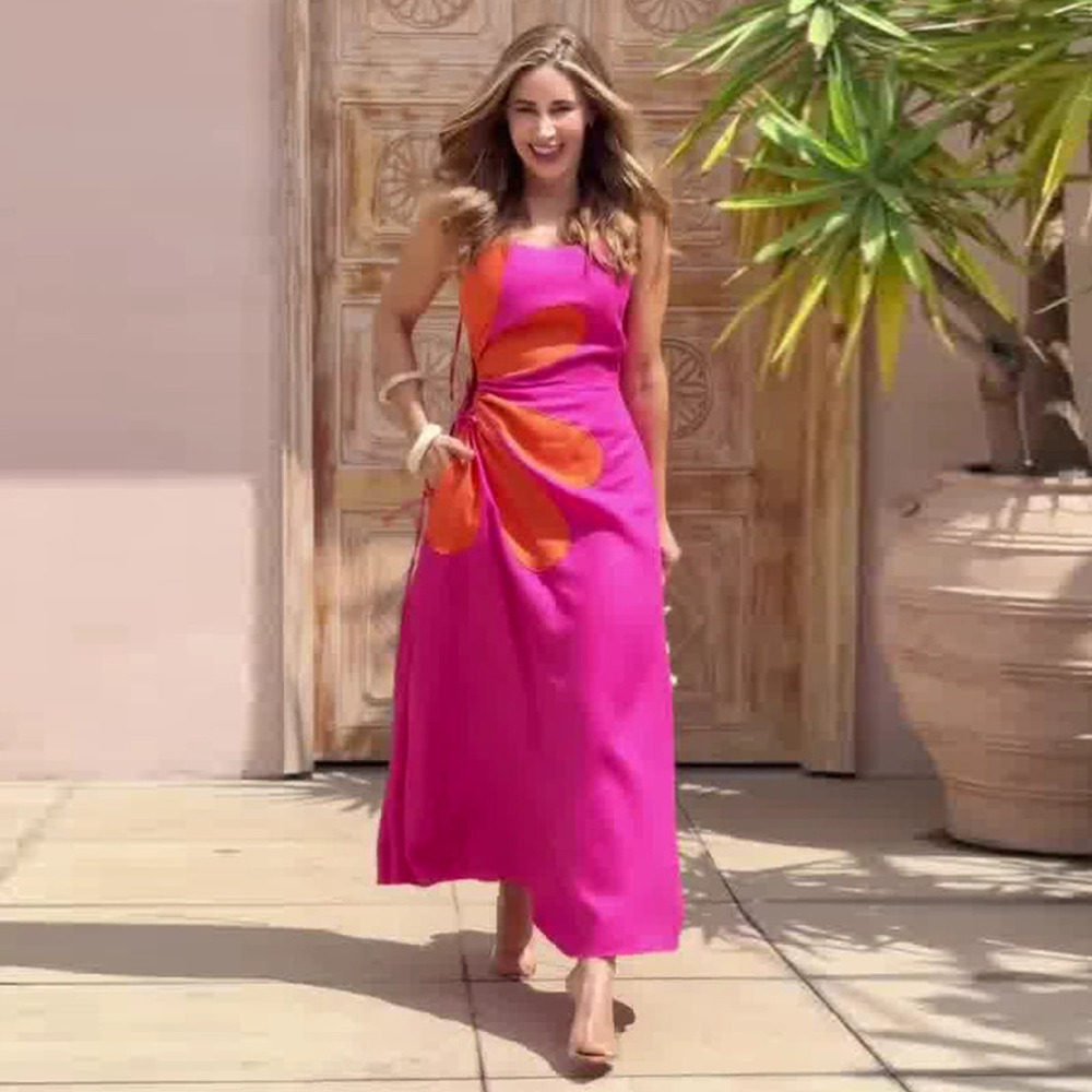 Forever 21 Magenta Print Casual Dress with Straps and Waist Tie